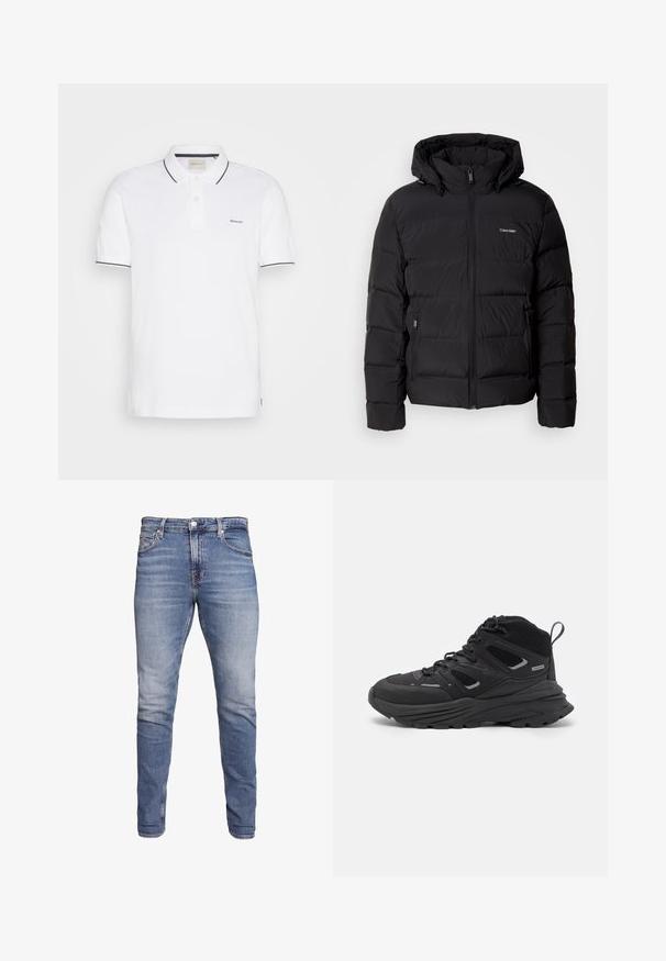 Čierna páperová bunda so zipsom vpredu a nastaviteľnou kapucňou. Obsahuje prešívané panely, dve bočné vrecká a malé logo na hrudi.; Biele polo tričko vyrobené z bavlny, s dvomi gombíkmi na zapínanie, krátkymi rukávmi a námorníckym lemovaním na golieri a rukávoch. Logo GANT na hrudi.; Modré slim-fit džínsy s piatimi vreckami, s vyblednutým vzhľadom, na gombík a s pútkami na opasok, vystavené na bielom pozadí.; Čierne turistické topánky s vrstveným dizajnom, textúrovaným materiálom a gumovou podrážkou, so zosilnenými miestami a šnurovaním vpredu.