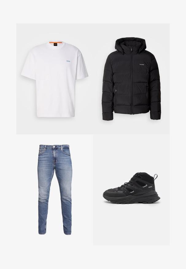 Černá péřová bunda s předním zipem a nastavitelnou kapucí. Obsahuje prošívané panely, dvě boční kapsy a malé logo na hrudi.; Bílá bavlněná trička s krátkými rukávy, kulatým výstřihem a světle modrým logem "BOSS" na levé hrudi.; Modré slim-fit džíny s pěti kapsami, vybledlým umytím, zapínáním na knoflík a poutky na opasek, vystavené na bílém pozadí.; Černé turistické boty s vrstveným designem, texturovanou látkou a gumovou podešví, se zesílenými částmi a šněrovacím uzávěrem.