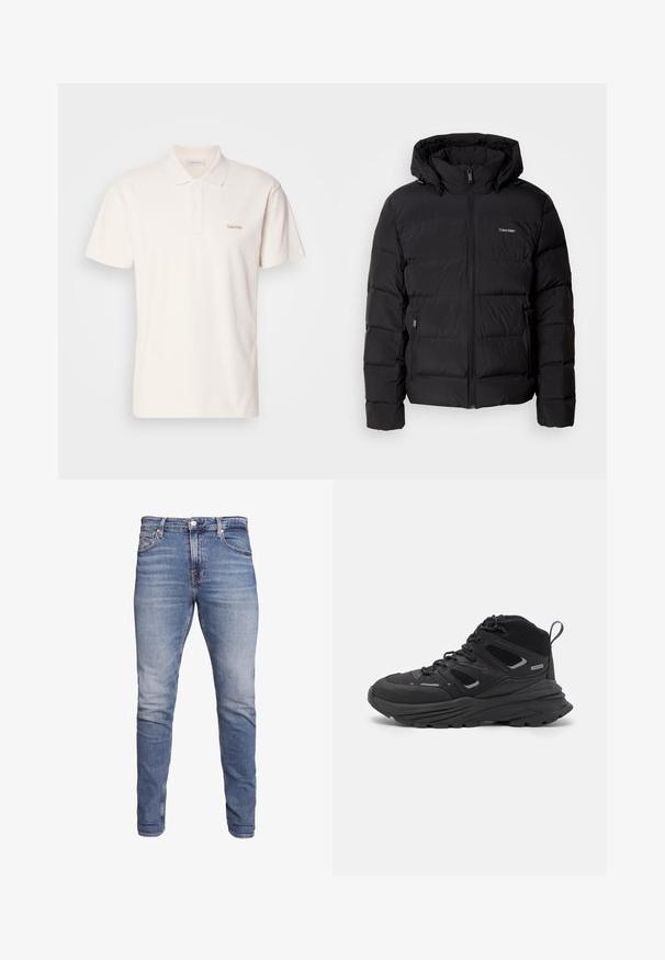 Sort puffet jakke med lynlås foran og justerbar hætte. Har quiltede paneler, to sidelommer og et lille logo på brystet.; Kortærmet polo t-shirt i lys cremefarve lavet af en glat bomuldsblanding. Har en krave, tre-knaps stolpe og et broderet logo på brystet.; Blå slim-fit jeans med fem lommer, bleget vask, knaplukning og bæltestropper, præsenteret mod en hvid baggrund.; Sorte vandresko med et lagdelt design, tekstureret stof og gummisål, med forstærkede områder og snørebånd foran.