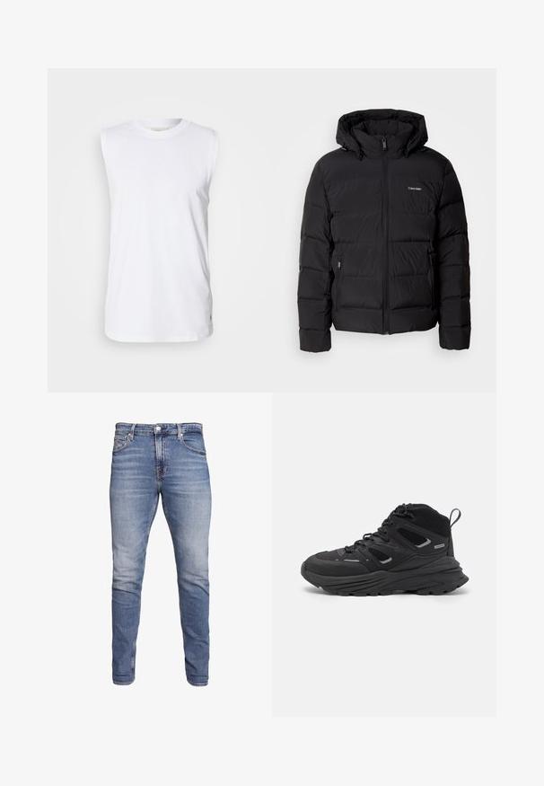 Zwarte pufferjas met een ritssluiting aan de voorkant en een verstelbare capuchon. Bevat gequiltte panelen, twee zijzakken en een klein logo op de borst.; Witte, mouwloze katoenen tanktop met een ronde halslijn en een subtiel geweven label op de zoom. Soepele textuur, losse pasvorm en eenvoudig ontwerp.; Blauwe slim-fit jeans met vijf zakken, vervaagde was, knoopsluiting en riemlussen, weergegeven tegen een witte achtergrond.; Zwarte wandelschoenen met een gelaagd ontwerp, textiele stof en rubberen zool, met verstevigde delen en een vetersluiting aan de voorkant.