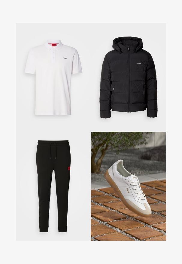 Fekete pufferszövet kabát, elülső cipzárral és állítható kapucnival. Ékített panelek, két oldalsó zseb és kis logó található a mellkason.; Fehér polo póló klasszikus gallérral, rövid ujjak, három gombos nyak, és fekete 'HUGO' logó a bal mellen. Simáciikú anyag.; Fekete melegítőnadrág puha anyagból, húzózsinóros derékkal, slim fit kialakítással, és egy piros logóval a bal combon.; Fehér bőr sneaker, bézs velúr részletekkel, kerek orral, fűzős elemmel és barna gumitalppal, a "BOSS" márkanevével.