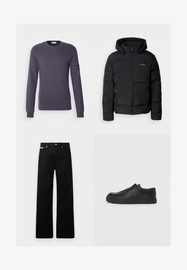 Musta sulejope, millel on lukuga esiosa ja reguleeritav kapuuts. Omab tikandpaneele, kahte küljetaskut ja väikest logo rinnal.; Tume lilla pikkade varrukatega särk, mis on valmistatud ribakudumist. Omab ümmargust kaelust ja väikest logokangast paremal varrukal.; Mustadest denimist püksid laiade jalgadega, viie tasku ja metallist nööpidega. Sile tekstuur, nähtavad mustrid puuduvad.; Must na ostri varvastega musta nahast libisemisega king, millel on tikand ja must kummitald. Sile tekstuur ja minimalistik disain.