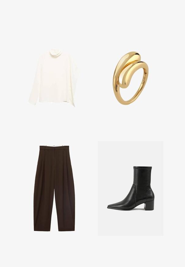 Braun- und schwarzkarierter Blazer mit Reverskragen, zwei vorderen Taschen und zwei Knöpfen. Gefüttertes Innenfutter in einfarbigem Burgunderrot.; Weißes Bluse mit hohem Kragen, langen Ärmeln, Drapierungsdesign, weicher Textur und minimalistischen Stil. Verfügt über eine Knopfverschluss auf der Rückseite.; Braune, hoch taillierte Hose mit Falten, aus glattem Stoff. Lässige Passform, gerade Beinform, mit Gürtelschlaufen und Reißverschluss.; Schwarze Knöchelstiefel aus glattem Leder, mit spitzem Zehenbereich, einem Blockabsatz und markanten, raised stitching am oberen Rand.; Goldring mit einem glatten, gewölbten Design, das sich miteinander verwebt, und eine polierte Oberfläche ohne sichtbare Gravuren oder Akzente aufweist.