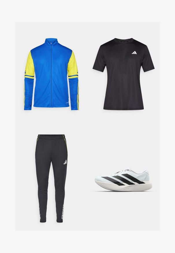 Casaco de pista azul com mangas e riscas amarelas. Apresenta um colarinho alto, fecho de correr completo e uma textura suave adequada para vestuário desportivo.; T-shirt atlético preto feito de tecido de malha leve, com mangas curtas e um logótipo branco na área do peito esquerdo.; Calças de desporto pretas com um corte slim, apresentando um logo branco, detalhes verdes e riscas brancas laterais ao longo das pernas inferiores. Textura de tecido suave.; Tênis de corrida leves em azul pálido com riscas pretas. Apresentam um cabedal liso, bico redondo e uma entressola espessa branca rotulada como "LIGHTSTRIKE PRO."