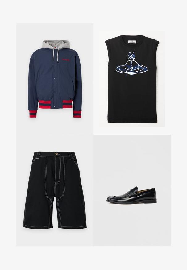 Navy blue jacket with gray hood, red embroidery, and red striped accents on cuffs and hem. Made from lightweight, textured fabric.; Black sleeveless top featuring a blue and white graphic design of a planet-like figure with rings and satellite elements. Soft cotton material.; Black shorts with a straight cut, made of durable fabric. Features white stitching and a gold button accent. Includes front pockets.; Black leather loafers with a smooth finish, rounded toe, decorative stitching, and a low stacked heel. No visible branding.