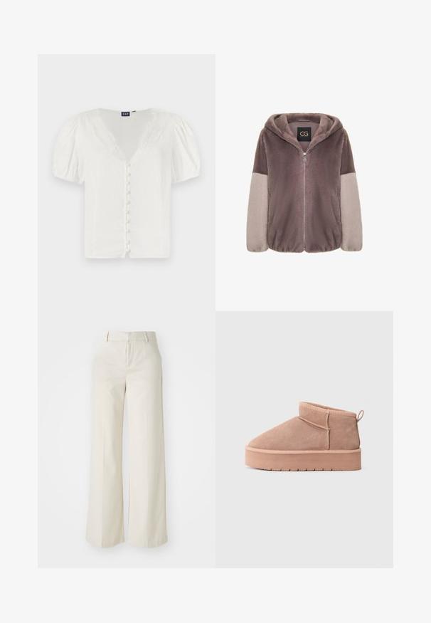 Kapucnis, cipzáras polár dzseki barna és bézs árnyalatokban. Puha tapintása, rugalmas mandzsettái és logóval ellátott címkéje van a nyaknál.; Fehér puff-szárú blúz mély V-nyakkal és csipke díszítéssel. Elöl egy sor kis gomb található. Könnyű szövetből készült.; Világos bézs színű, széles lábú nadrág, sima anyagból készült. Klasszikus derékrésszel és lapos elülső résszel, letisztult vonalakkal rendelkezik.; Beige velúr boka csizma vastag talppal, kerek orral, saroknál húzófüllel és látható varrási részletekkel.