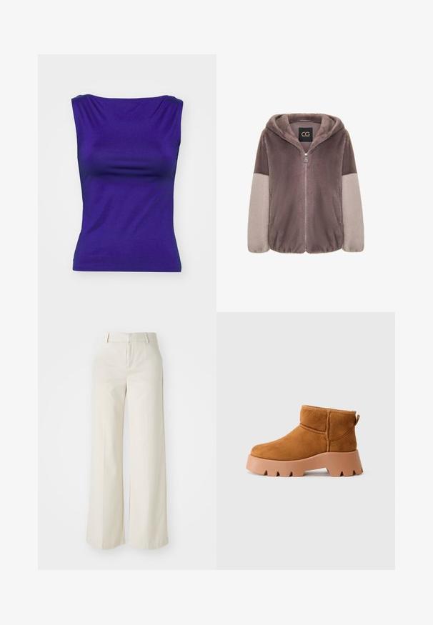 Flis jakna na zatvarač s kapuljačom, u nijansama smeđe i bež. Ima meku teksturu, elastične manžete i oznaku brenda na vratu.; Ljubičasti bez rukava top od glatkog, rastezljivog materijala. Ima prilagođen oblik s blagim naborima na dekolteu i bočnim stranama.; Hlače širokih nogavica u svijetloj bež boji, izrađene od glatke tkanine. Imaju klasičnu elastičnu traku u struku i ravni prednji dio s čistim linijama.; Smeđe nubuk čizme do gležnja s okruglim vrhom, teksturiranim smešnim đonom i uhvatom za povlačenje. Imaju šav sa štepom i dizajn debele platforme.