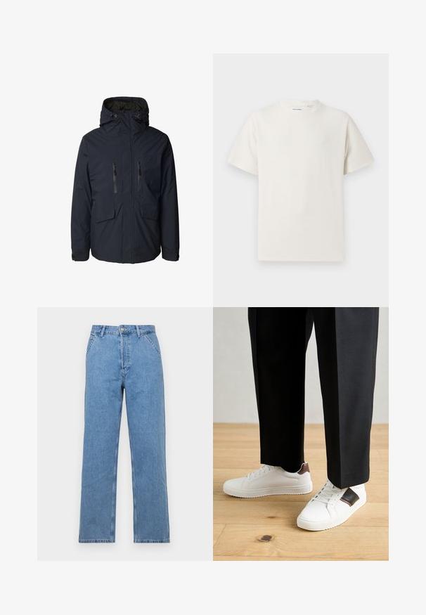 Tumši zils siltināts apģērbs ar kapuci, divi priekšējie rāvējslēdzēja kabatas un regulējami aproces. Izgatavots no ūdensizturīga auduma ar gludu tekstūru.; Balta krūštura īsām piedurknēm ar ribota auduma faktūru. Apaļš kakla izgriezums, brīvs griezums, bez redzamām rakstām vai akcentiem. Vienkāršs un daudzpusīgs dizains.; Gaiši zili džinsi ar taisno piegriezumu un klasisko piecu kabatu dizainu, ar priekšējo pogu aizdari un jostu cilpiņām. Gluda tekstūra.; Baltā pārsoļa apavi ar gludu tekstūru, papildināti ar brūniem ādas akcentiem un melniem elementiem, savienoti ar melnām pielāgotām biksēm. Koka grīdas fons.