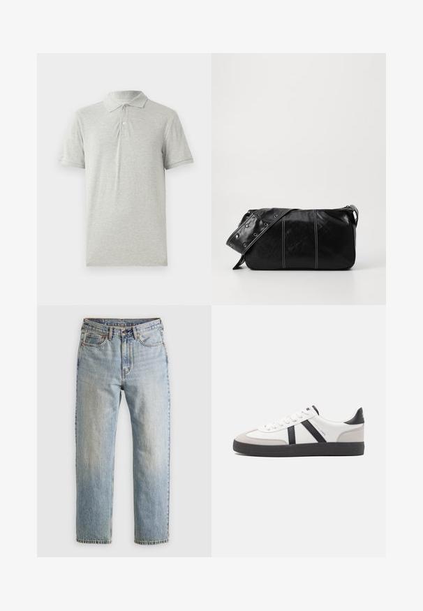 Must kaugemust bomber-jakk, millel on lukuga esiosa, soonikuga varrukad ja kaks diagonaalset lukuga taskut, millel on sile ja läikiv viimistlus.; Hallhalline polo särk, mis on valmistatud pehmest puuvillast. Omab klassikalist krae, kolme nööbiga nupplist ja lühikesi varrukaid. Sile tekstuur, ilma mustriteta.; Heledad hele sinine teksapükste kõrge vöökoht, ees nupuga, lukuga ja viie taskuga disain, asetatud tasasele neutraalsele taustale.; Valged tossud mustade ja hallide aktsentidega, tekstureeritud halli varbakattega, musta kummitald ja lamedad valged paelad. Puhtad jooned, minimalistlik stiil.; Must mustra nahkainine õlakott, millel on tõmblukk, tekstureeritud pind, valged õmblused ja rihm hõbedaste rõngastega.