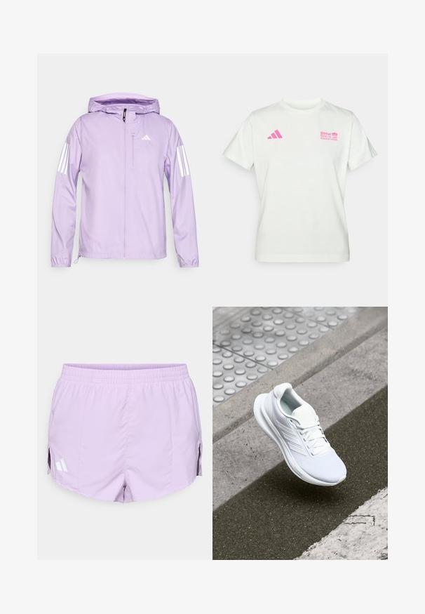 Ljuslila lättviktsjacka med huva, med vita tre-stripesdetaljer på ärmarna och en frampocket med dragkedja. Slät textur.; Vitt kortärmad T-shirt med rosa Adidas-logotyp på vänster bröst och BMW Berlin Marathon-logotyp på höger bröst.; Lila träning短裤 med elastisk midjeband, sidofickor och tre vita ränder-logotyp på vänster sida. Lätt och slät tyg.; Vitaid idrottssko med mesh-överdel, snörning och texturerad sula. Diskret branding och sömlösa konstruktionsdetaljer synliga.