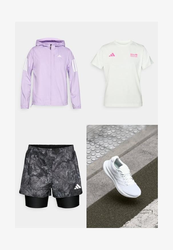 Casaco leve de tom roxo claro com capuz, apresentando detalhes brancos em três riscas nas mangas e um bolso frontal com fecho éclair. Textura suave.; T-shirt branca de mangas curtas com o logótipo rosa da Adidas no lado esquerdo do peito e o logótipo do Maratona de Berlim da BMW no lado direito do peito.; Calções atléticos com padrão preto e cinza, sobrepostos a calções ajustados pretos, apresentando um cós elástico e o logótipo da marca em branco.; Shoe atlético branco com parte superior em rede, design de atacadores e sola texturizada. Branding subtil e detalhes de construção sem emendas visíveis.