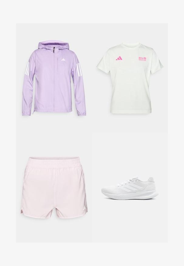 Gaiši violets, viegls apģērbs ar kapuci, ar baltām trīs svītru akcents uz piedurknēm un priekšējo rāvējslēdzēja kabatu. Gluda tekstūra.; Balta īsām piedurknēm T-kreklā ar rozā Adidas logo kreisajā krūtī un BMW Berlīnes maratona logo labajā krūtī.; Rozā sporta šorti ar elastīgu jostu, viegla auduma, sānu šķēlumi un neliels balts logo apakšējā labajā pusē.; Baldas balti sporta apavi, kas izgatavoti no sietveida materiāla, ar elegantu dizainu, apaļu pirkstu, strukturētu papēdi un trim svītrām uz ārējās malas.