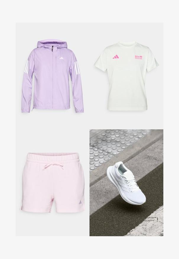 Lys lilla lett jakke med hette, med hvite tre-stripes detaljer på ermene og en frontlomme med glidelås. Jevn tekstur.; Hvit T-skjorte med korte ermer med rosa Adidas-logo på venstre bryst og BMW Berlin Marathon-logo på høyre bryst.; Lys rosa bomullsshorts med elastisk midje, knytt med snøring. Har sidelommer og en liten lilla logo-detalj.; Hvit atletisk sko med mesh-overdel, snørelukking og strukturert såle. Diskret merkevare og sømløse konstruksjonsdetaljer synlige.