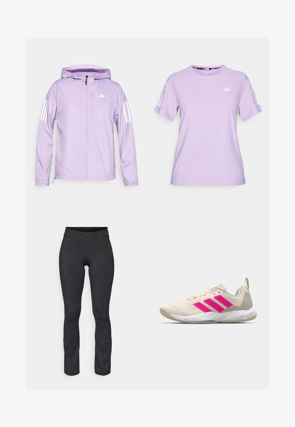 Világoslila, könnyű dzseki kapucnival, fehér háromcsíkos díszítéssel az ujjakon és egy elülső cipzáras zsebbel. Simaság jellemzi.; Lila rövid ujjú sportpóló, légáteresztő anyagból készült, kerek nyakkivágással, texturált felülettel és három fehér csíkkal a vállakon.; Fekete sportleggings sima, rugalmas anyagból. Magas derekával és rövidujjú, testhez simuló szabásával rendelkezik.; Beige sportcipő rózsaszín háromsávos logóval, texturált hálós felső résszel, párnázott nyakkal és fehér gumitalppal, "LIGHTSTRIKE" márkajelzéssel.