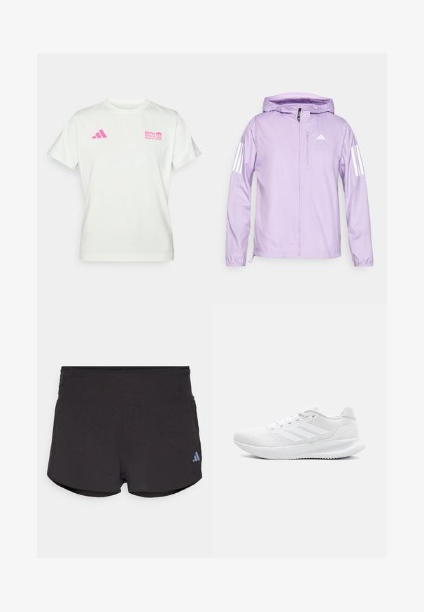 Gaiši violets, viegls apģērbs ar kapuci, ar baltām trīs svītru akcents uz piedurknēm un priekšējo rāvējslēdzēja kabatu. Gluda tekstūra.; Balta īsām piedurknēm T-kreklā ar rozā Adidas logo kreisajā krūtī un BMW Berlīnes maratona logo labajā krūtī.; Melnas sporta šortu ar teksturētu virsmu, ar plašu jostu un Adidas logotipu gaiši zili apakšējā kreisajā pusē.; Baldas balti sporta apavi, kas izgatavoti no sietveida materiāla, ar elegantu dizainu, apaļu pirkstu, strukturētu papēdi un trim svītrām uz ārējās malas.