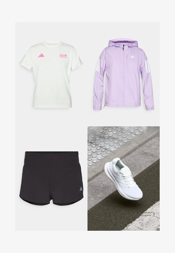 Light purple lightweight jacket with a hood, featuring white three-stripe accents on sleeves and a front zipper pocket. Smooth texture.; White short-sleeve T-shirt with pink Adidas logo on left chest and BMW Berlin Marathon logo on right chest.; Black athletic shorts with a textured finish, featuring a wide waistband and an Adidas logo in light blue on the lower left side.; White athletic shoe featuring a mesh upper, lace-up design, and textured sole. Subtle branding and seamless construction details visible.