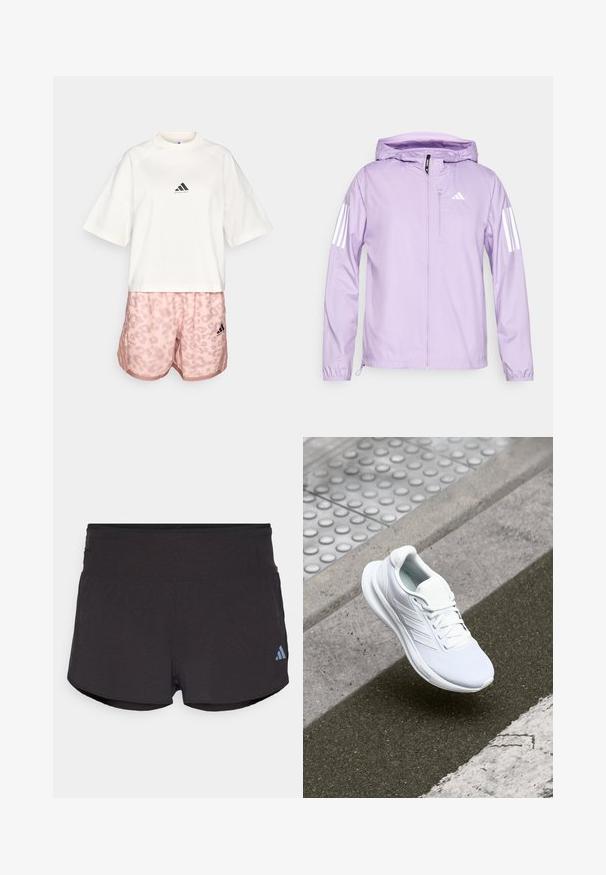 Light purple lightweight jacket with a hood, featuring white three-stripe accents on sleeves and a front zipper pocket. Smooth texture.; adidas Performance TEE - Print T-shirt - chalk white; Black athletic shorts with a textured finish, featuring a wide waistband and an Adidas logo in light blue on the lower left side.; White athletic shoe featuring a mesh upper, lace-up design, and textured sole. Subtle branding and seamless construction details visible.