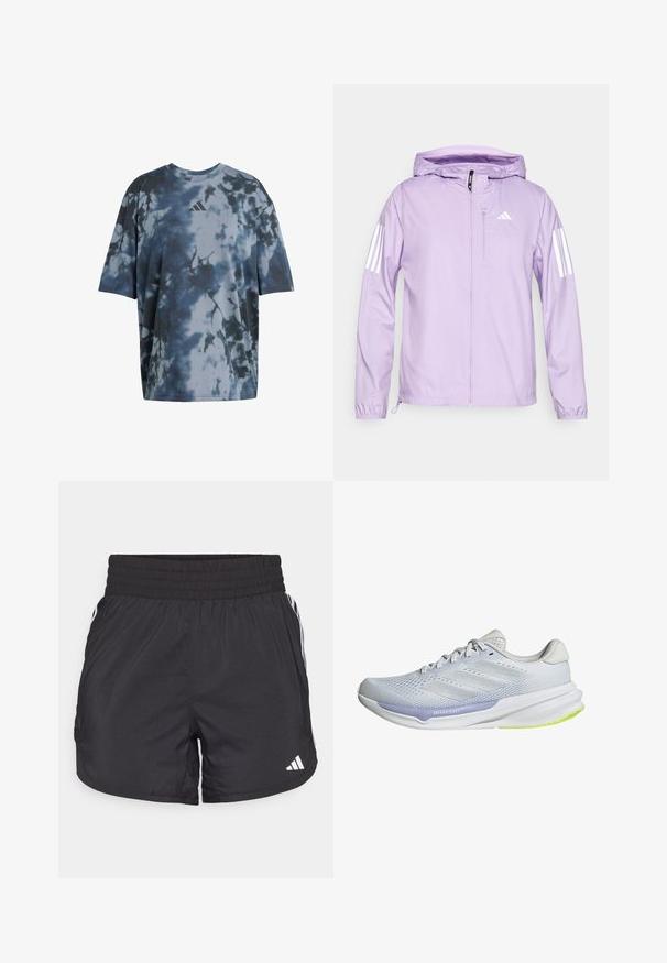 Light purple lightweight jacket with a hood, featuring white three-stripe accents on sleeves and a front zipper pocket. Smooth texture.; Short-sleeve t-shirt in blue and gray tie-dye pattern, soft fabric, crew neck, features small gray logo on the chest.; Black athletic shorts with an elastic waistband, side pockets, and white stripe accents on the sides. Made of lightweight material.; White athletic shoe with a breathable mesh upper, textured design, and lavender accent. Features a cushioned sole with green outsole details.