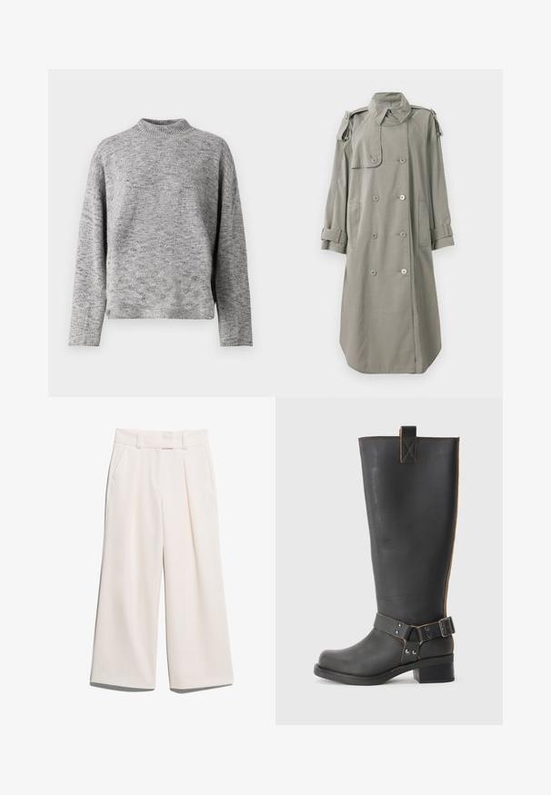 Heled pruunist kangast kahe rida nupuga mantlit, millel on esiküljel taskud, õlavarre epauletid ja keeratud mansetid. Sile tekstuur.; Heledhall hall knitted särk, millel on kõrge kaelus, pikad varrukad ja lõdva istuvusega. Tekstuuriga kangas, millel on peene laikude muster.; Laiad püksid heledas kreemjas värvitoonis, valmistatud siledast kangast, kahel esimesel taskul ja nähtava õmblusega vöökoha juures.; Mustast nahkast kuni põlvede kõrgune saabas tekstureeritud viimistlusega, külgedel on pandlaaktsent ja madal konts. Õmbluste juures on detailne tikand.