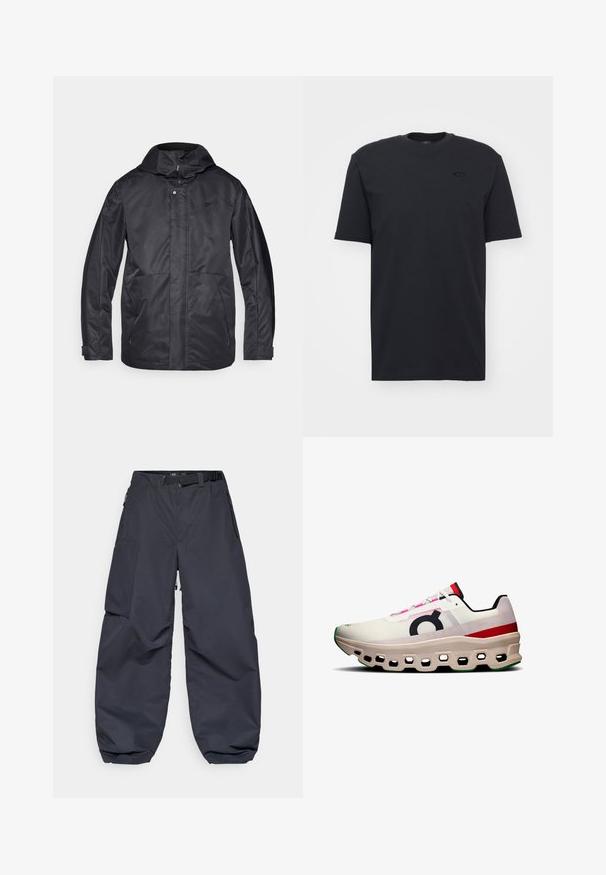 Črna vodoodporna jakna s kapuco, dvema sprednjima žepoma, zadrgo in mehko teksturo. Ima diskreten logotip na prsih.; Črna bombažna majica s kratkimi rokavi in ovratnikom v krogu, z diskretno oznako na prsih in sproščenim krojem.; Temno sivi cargo hlače, izdelane iz mehkega in trpežnega materiala. Imajo širok, ohlapen kroj, več žepov in pas za prilagoditev.; Tekmovalni čevlji za tek z belim mrežastim zgornjim delom in rožnatimi detajli, velikim črnim logotipom ter masivnim kremnim podplatom z hexagonalnimi izrezi in zelenimi podrobnostmi.