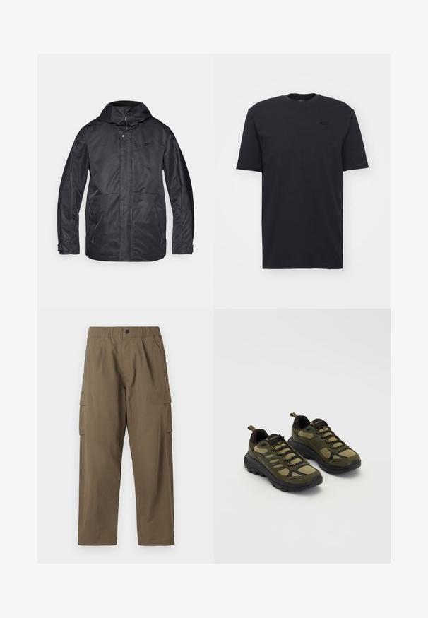 Mustara veekindel jope kapuutsiga, kahe eesmine tasku, lukuga sulgemine ja pehme tekstuur. Rinnal on peen logo.; Must have musta lühikeste varrukatega T-särk, millel on ümar kaelus, diskreetne logo aktsent rinnal ja vaba lõige.; Oakley NEW RETRO PANTS - Kargopüksid - raven; Roheline ja must sportlikud kingad, millel on tekstureeritud ülemine osa, võrguga paneelid, tugev tall ja lace-up disain, mis sisaldab tugevdatud varba- ja kannakaitset.