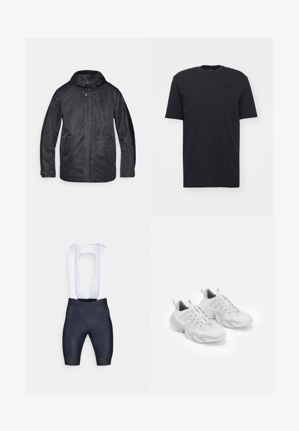 Svart vanntett jakke med hette, to frontlommer, glidelås-lukking og en myk tekstur. Har en subtil logo på brystet.; Svart bomulls t-skjorte med korte ermer og rund hals, med en subtil logo-akse på brystet og en avslappet passform.; Herres sykkelshorts med hvite bånd, laget av elastisk stoff; marineblå farge med polstret sete for komfort og minimale sømmer.; Hvite treningssko med mesh-overdel, grå detaljer, teksturert gummisåle og pull-tabs på hælen; har et snøresystem.