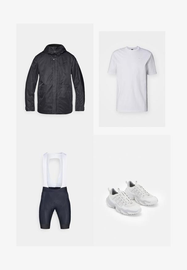 Crna vodootporna jakna s kapuljačom, dva prednja džepa, zatvaranje na patentni zatvarač i mekanu teksturu. Ima suptilan logo na prsima.; Bijela pamučna majica s kratkim rukavima i okruglim izrezom. Ima mali, suptilan logo u svijetloplavoj boji na prsima. Glatka tekstura.; Muške biciklističke hlače s bijelim naramenicama, izrađene od rastezljivog materijala; tamnoplave boje s podstavom za udobnost i minimalnim šavovima.; Bijele atletske cipele s mrežastom gornjištu, siva akcenta, teksturirana gumena potplat i trake na peti; imaju dizajn s vezicama.