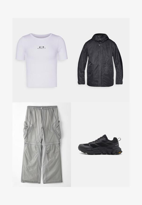 Svart vanntett jakke med hette, to frontlommer, glidelås-lukking og en myk tekstur. Har en subtil logo på brystet.; Hvit kortermet treningsskjorte med strukturert stoff og rund halslinning, med en fremtredende svart "Oakley"-logo på forsiden.; Lysegrå, pustende bukser med elastisk midje, sidelommer og kontrasterende grå piping langs sømmene. Løs passform.; Svarte sportssko med en kraftig såle, mesh- og syntetisk overdel, teksturerte detaljer og Vibram-merket på sålen.