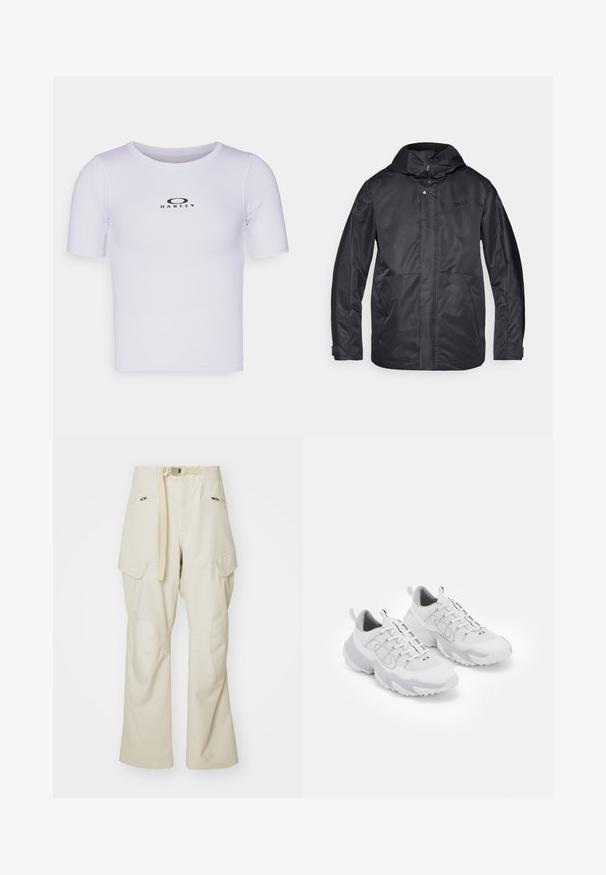 Svart vanntett jakke med hette, to frontlommer, glidelås-lukking og en myk tekstur. Har en subtil logo på brystet.; Hvit kortermet treningsskjorte med strukturert stoff og rund halslinning, med en fremtredende svart "Oakley"-logo på forsiden.; Beige cargo bukser med bred ben, bælte i taljen, to sidelommer og knælapper. Glat tekstur med forstærkede syninger.; Hvite treningssko med mesh-overdel, grå detaljer, teksturert gummisåle og pull-tabs på hælen; har et snøresystem.