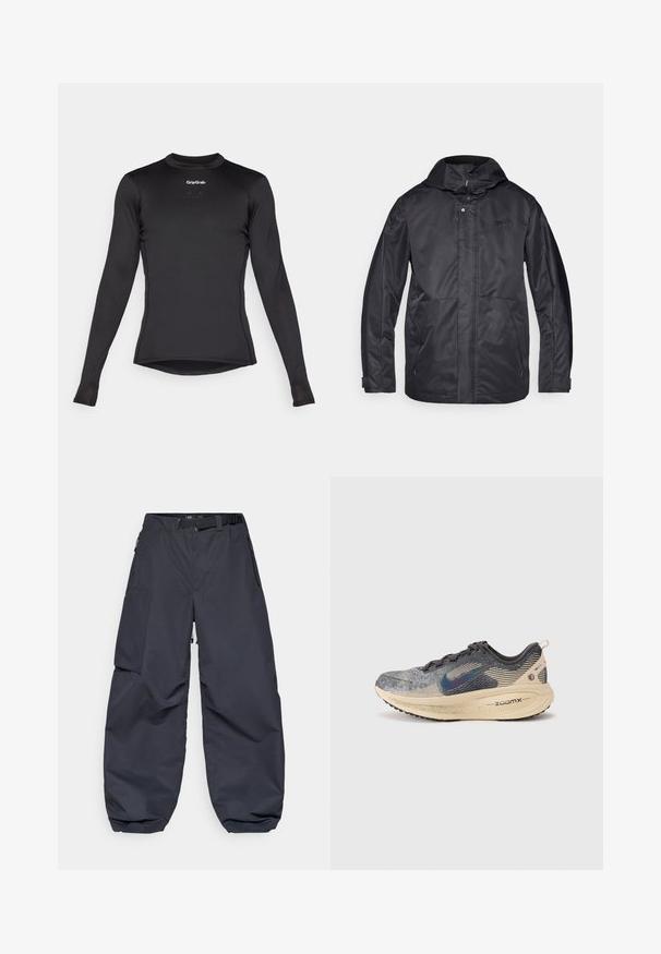 Giacca impermeabile nera con cappuccio, due tasche frontali, chiusura zip e una consistenza morbida. Presenta un logo discreto sul petto.; Maglia base layer nera a maniche lunghe con texture a griglia, scollo a girocollo e logo GripGrab sul petto. Vestibilità leggermente affusolata con orlo.; Pantaloni cargo grigi scuri realizzati in un materiale morbido e resistente. Presentano una vestibilità ampia e comoda, numerose tasche e una cintura in vita per la regolazione.; Nike Performance VOMERO 18 - Scarpe da corsa su strada - oatmeal/black anthracite/silver-coloured