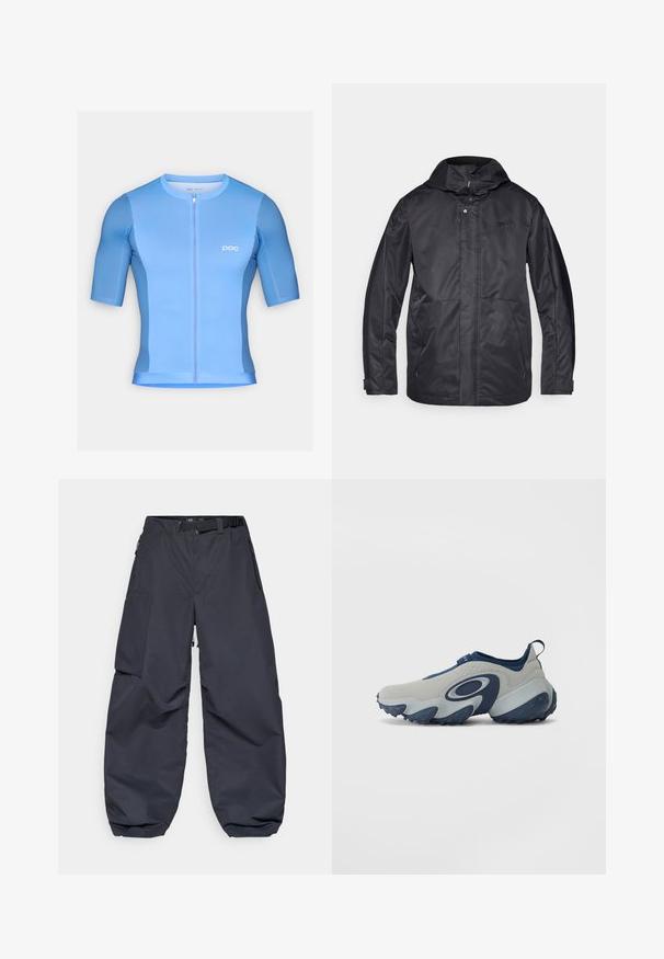 Mustara veekindel jope kapuutsiga, kahe eesmine tasku, lukuga sulgemine ja pehme tekstuur. Rinnal on peen logo.; Hele sinine jalgrattasärk lühikeste varrukatega, ees lukuga ja sobiva lõikega. Omab siledat kangast ja diskreetset brändi logo rinnal.; Tumedashallased cargo püksid, valmistatud pehmest ja vastupidavast materjalist. Neil on lai, lagunev lõige, mitu taskut ja reguleeritav vööpund.; Hallux, mille halluxil, kus kelti halluxil, mille halluxil,нике, mille halluxil, розали, холл.