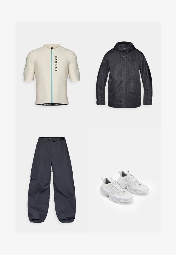 Crna vodootporna jakna s kapuljačom, dva prednja džepa, zatvaranje na patentni zatvarač i mekanu teksturu. Ima suptilan logo na prsima.; Ljetna biciklistička majica kratkih rukava u svijetlo bež boji s plavim patentnim zatvaračem sprijeda, s vertikalnim crnim logotipom "OAKLEY" i elastičnim rubom za sigurno pristajanje.; Tamno sivi cargo hlače izrađene od mekog, izdržljivog materijala. Imaju širok, slobodan kroj, više džepova i remen za podešavanje struka.; Bijele atletske cipele s mrežastom gornjištu, siva akcenta, teksturirana gumena potplat i trake na peti; imaju dizajn s vezicama.
