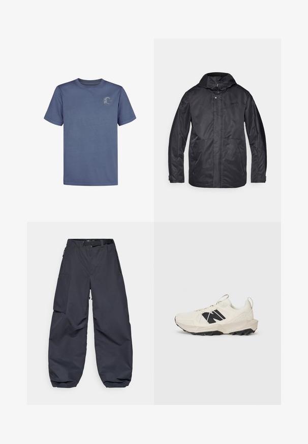 Mustara veekindel jope kapuutsiga, kahe eesmine tasku, lukuga sulgemine ja pehme tekstuur. Rinnal on peen logo.; Sinine puuvillane t-särk, millel on lühikesed varrukad ja ümmargune kaelus, ning ülemises vasakus rinnas ringikujuline logo. Sile tekstuur.; Tumedashallased cargo püksid, valmistatud pehmest ja vastupidavast materjalist. Neil on lai, lagunev lõige, mitu taskut ja reguleeritav vööpund.; Heled beez sneaker, mille, musta logoga ja tekstureeritud tallaga. Keskmises liest on geomeetriline muster.