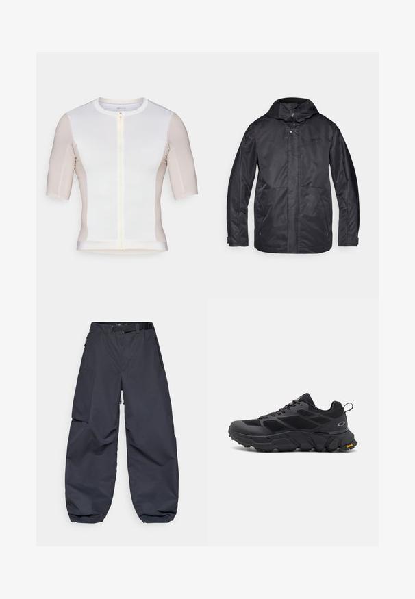 Chaqueta impermeable negra con capucha, dos bolsillos frontales, cierre de cremallera y una textura suave. Presenta un logo sutil en el pecho.; Jersey de ciclismo de manga corta en blanco y beige claro, con cremallera frontal, textura suave y detalles de logo sutil en el pecho.; Pantalones cargo gris oscuro hechos de un material suave y duradero. Presentan un corte ancho y holgado, varios bolsillos y un cinturón en la cintura para ajuste.; Zapatos deportivos negros con una suela gruesa, parte superior de malla y sintético, acentos texturizados y marca Vibram en la suela exterior.