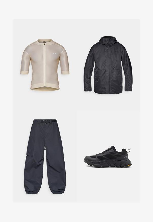 Juoda vandeniui atspari striukė su kapišonu, dviem priekinėmis kišenėmis, užtrauktuku ir minkšta tekstūra. Ant krūtinės yra diskretiškas logotipas.; Šviesiai ruda trumpomis rankovėmis dviratininkų marškinėliai su priekiu užtrauktuku, tinklelio tekstūra ir mažas baltas logotipas kairėje krūtinės pusėje.; Tamsiai pilki krovinių šortai, pagaminti iš minkštos, patvarios medžiagos. Juose yra platus, laisvas kirpimas, daugybė kišenių ir reguliuojama juosmens juosta.; Juodi sportiniai batai su storu padu, tinklinėmis ir sintetinėmis medžiagomis, tekstūruotais akcentais ir Vibram prekės ženklu ant pado.