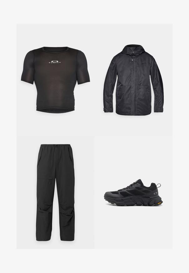 Fekete vízálló dzseki kapucnival, két elülső zsebbel, cipzáras záródással és puha tapintással. Finom logó található a mellkasán.; Fekete, rövid ujjú sportfelső hálós anyagból. Kerek nyakkivágással rendelkezik, és az elején fehér "Oakley" logó található.; Fekete, könnyű nadrág rugalmas derékkal, oldalsó zsebekkel és laza szabással. Simább textúra, nincsenek látható minták vagy díszítések.; Fekete sportcipők masszív talppal, hálós és szintetikus felsőrésszel, texturált díszítésekkel és Vibram márkázással a külső talpon.