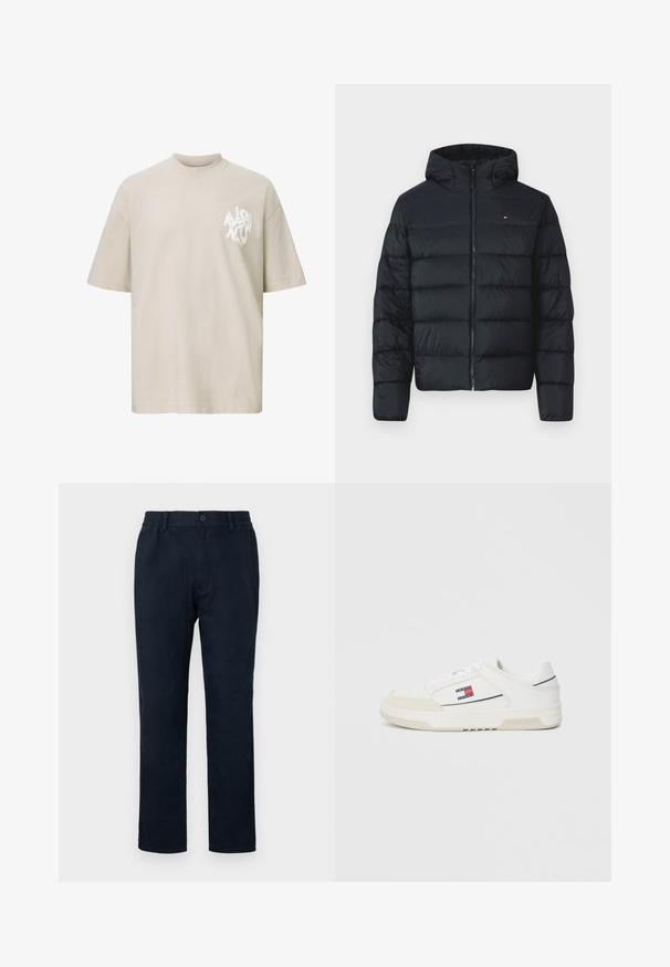 Black puffer jacket with a hood, featuring quilted sections, full-zip front, and a small logo on the upper left. Soft, textured fabric.; Beige oversized short-sleeve T-shirt with white abstract text logo on the left chest area.; Navy chinos with an elastic waistband, a front button closure, and a straight leg design. Smooth texture with no visible patterns.; White sneakers with a smooth leather upper and suede toe cap, featuring a small red, white, and blue logo on the side and textured sole.