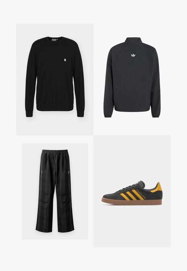 Svart sweatshirts med hög krage, långa ärmar, elastiska mudd och en vit Adidas trefoil-logotyp på bröstet.; Carhartt WIP Sweatshirt - black; Svarta rutiga byxor med elastisk midja, två framfickor och en lös passform med rak bendesign. Tillverkade av lätt material.; Svart mockaskor med gula accenter, med tre ränder och en brun gummisula. Inkluderar en vadderad tunga för extra komfort.