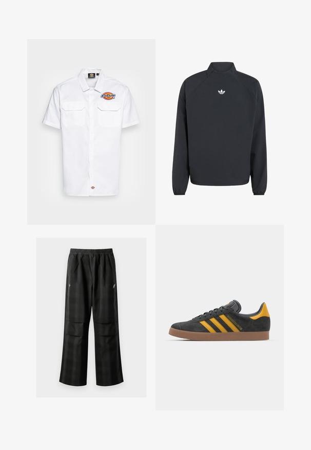 Sudadera negra de cuello alto, de mangas largas, con puños elásticos y un logo trefoil blanco de Adidas en el pecho.; Camisa blanca de manga corta y botón con dos bolsillos en el pecho. Presenta el logo bordado de "Dickies" en color en el lado izquierdo. Tejido liso y suave.; Pantalones de cuadros negros con cintura elástica, dos bolsillos frontales y un ajuste holgado con diseño de pierna recta. Fabricados en material ligero.; Zapatillas de ante negro con acentos amarillos, que presentan tres franjas y una suela de goma marrón. Incluyen una lengüeta acolchada para mayor comodidad.