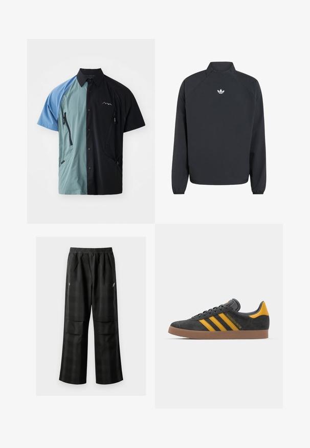 Sweatshirt preto com gola alta, mangas longas, punhos elásticos e um logótipo trefoil branco da Adidas no peito.; Camisa de botão de manga curta com um design em blocos de cor nas cores azul, verde-água e preto. Inclui vários bolsos com zíper e um logótipo da agência.; Calças pretas em padrão xadrez com cintura elástica, dois bolsos frontais e um ajuste solto com design de perna reta. Feitas de material leve.; Tenis em camurça preta com detalhes amarelos, apresentando três riscas e uma sola de borracha castanha. Inclui uma língua acolchoada para maior conforto.