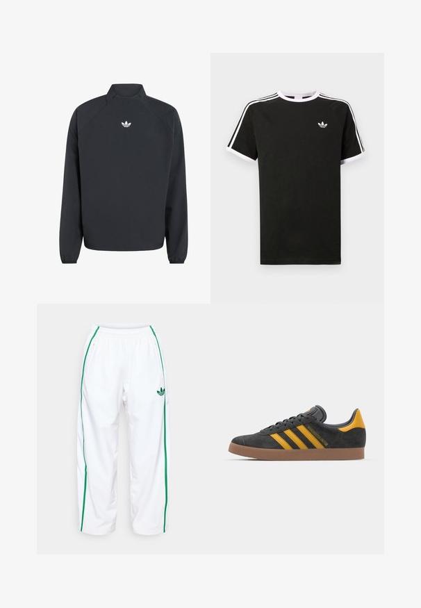 Čierny pulóver so zvýšeným golierom, dlhými rukávmi, elastickými manžetami a bielym logom Adidas trefoil na hrudi.; Čierne tričko vyrobené z bavlny s bielymi akcentmi. Má krátke rukávy, raglánový strih a malé logo na hrudi. Tri biele pruhy na pleciach.; Biele teplákové nohavice so zelenými bočnými pruhmi, elastickým pásom a dvoma zipsovými vreckami. Vyrobené z hladkej, ľahkej tkaniny.; Čierne semišové tenisky so žltými akcentmi, ktoré majú tri pruhy a hnedú gumovú podrážku. Obsahujú vypolstrovaný jazyk pre pohodlie.