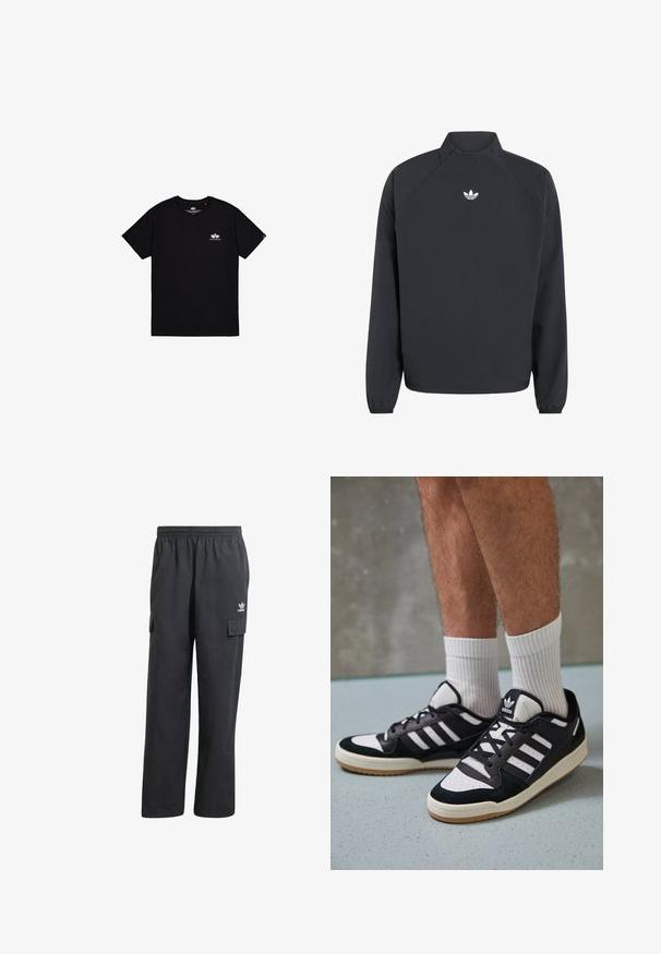 Mustapaita, jossa on korkea kaulus, pitkät hihat, joustavat hihansuut ja valkoinen Adidas-trefoil-logo rinnassa.; Mustat lyhyet hihaiset T-paidat, valmistettu puuvillasta. Oikeassa rinnassa on pieni valkoinen logo ja sivusaumassa etiketti. Yksinkertainen muotoilu.; Mustat cargo-housut, joissa on joustava vyötärö, kaksi sivutaskua ja huomaamaton logo vasemmassa reidessä. Valmistettu kevyestä kankaasta.; Valkoiset ja mustat tennarit, joissa on mokkanahka- ja nahkapäällinen, kolme valkoista raitaa, rei'itetty kärki ja kumipohja.
