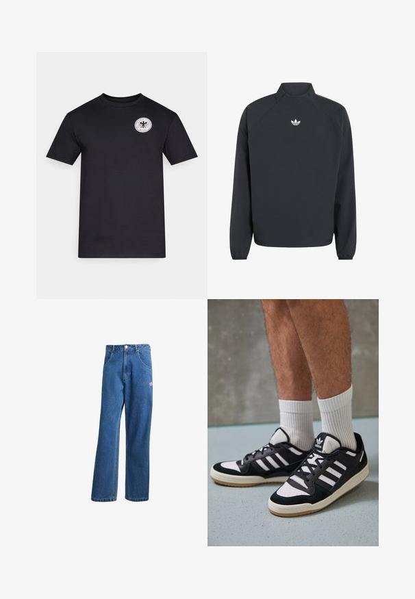 Sweatshirt noir à col montant, avec des manches longues, des poignets élastiques et un logo trefoil blanc d'Adidas sur la poitrine.; T-shirt en coton noir avec manches courtes et col rond. Présente un logo circulaire blanc sur la zone gauche de la poitrine avec du texte noir.; Jean en denim bleu taille haute, jambes larges, avec poches avant, passants de ceinture, fermeture à bouton et petit logo Adidas sur la cuisse droite.; Baskets noir et blanc avec une tige en suède et cuir, comportant trois rayures blanches, un bout perforé et une semelle en caoutchouc gum.