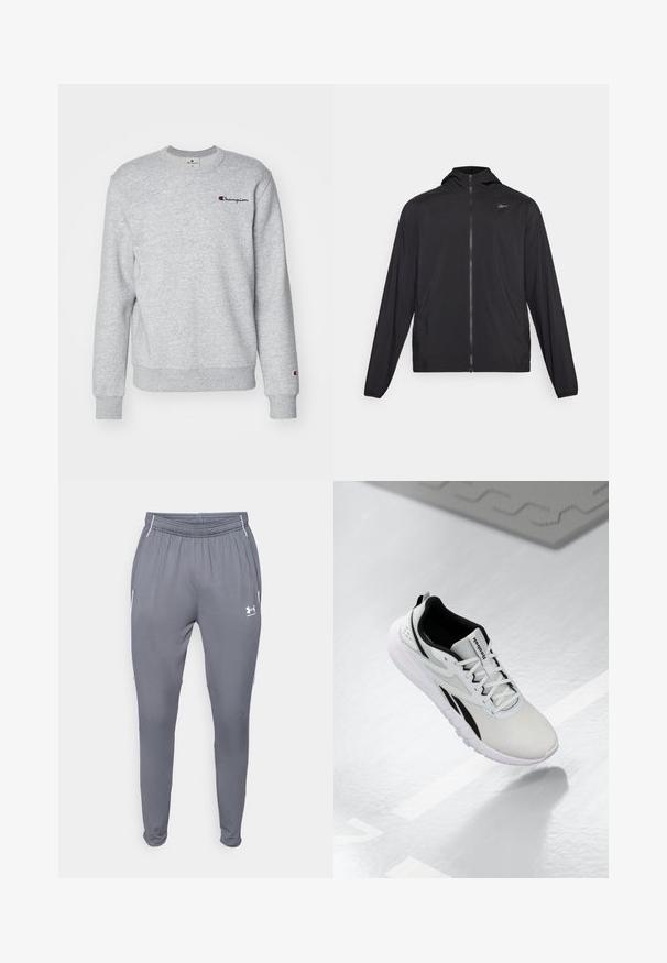 Black lightweight jacket, full zip, hooded, long sleeves, elastic cuffs, smooth texture, featuring a small logo on the upper left chest.; Gray sweatshirt made of soft fabric, featuring ribbed cuffs and hem. The front has a small embroidered "Champion" logo in blue and red.; Gray athletic pants with elastic waistband, side pockets, and white accents. Made from a smooth, lightweight material.; Light gray athletic shoe with black accents, textured mesh upper, cushioned sole, and lace-up closure. Features a heel pull tab.