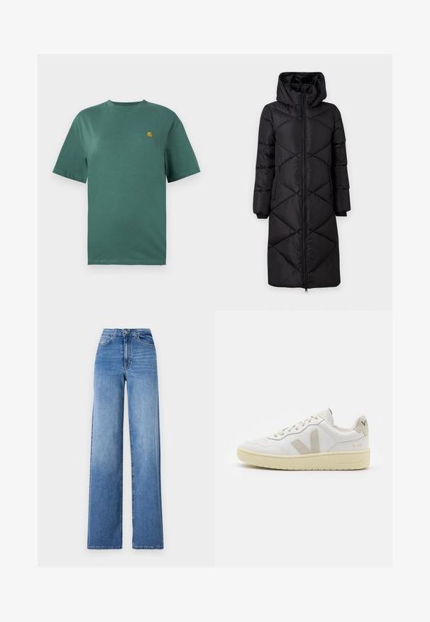 Schwarzer gepolsterter langer Mantel mit Kapuze, diagonal genäht, zwei seitlichen Reißverschlusstaschen und gerippten Bündchen. Glattes, wasserabweisendes Gewebe.; Türkises Baumwoll-T-Shirt mit kurzen Ärmeln, Rundhalsausschnitt und einem kleinen gelben Logo auf der linken Brust. Glatte Textur und lässige Passform.; Helleblaue, weit geschnittene Jeans aus Denim mit hoher Taille, Vorderaschen und einem normalen Knopfverschluss. Glatte Textur.; Weiße Ledersneaker mit beigen Wildlederakzenten, perforierte Zehenbox, flache Schnürsenkel und eine strukturierte cremefarbene Sohle. Mit dezentem Branding an der Ferse.