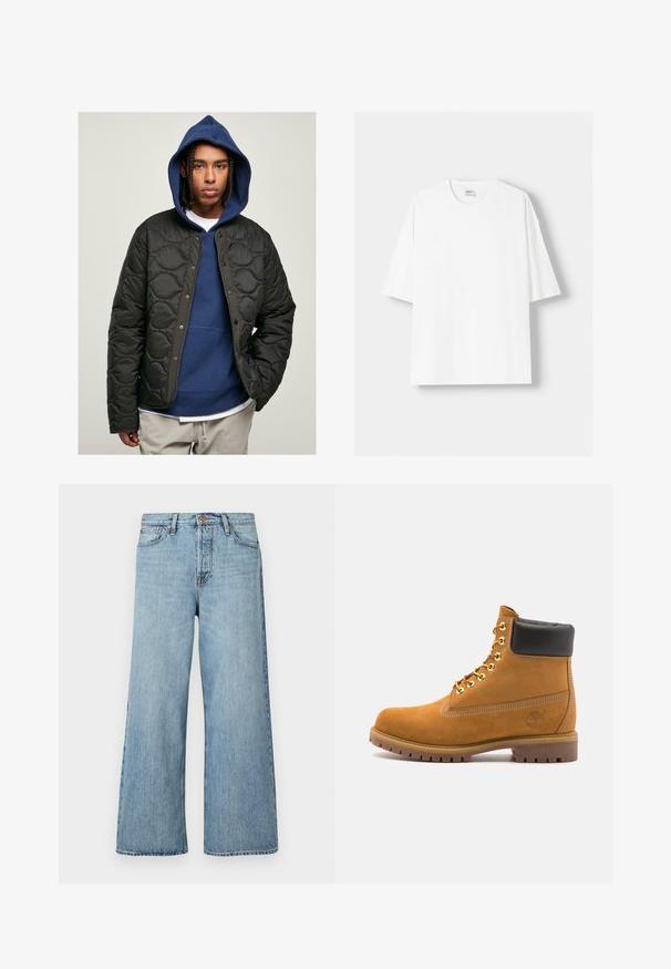 Giubbotto nero trapuntato con finitura lucida e bottoni a pressione, indossato sopra una felpa con cappuccio blu. Il modello ha i capelli intrecciati.; T-shirt bianco a maniche corte realizzato in cotone, con scollatura rotonda e vestibilità rilassata. Texture liscia, senza motivi o dettagli visibili.; Jeans azzurri a gamba larga realizzati in denim, con chiusura a bottone, lieve scolorimento e design a cinque tasche standard.; Stivale alla caviglia in suede tan con collare imbottito nero, occhielli in metallo dorato, dettagli in cucitura bianca e suola in gomma robusta con battistrada pronunciato.