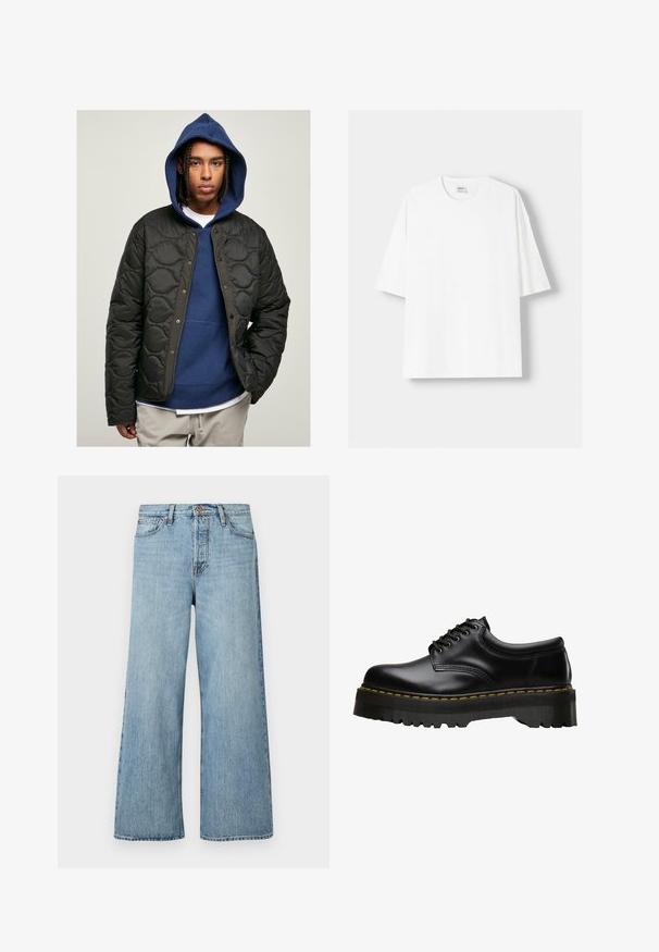 Črn prešit plašč s sijočim zaključkom in pritisnimi gumbi, oblečen čez modro kapuco. Model ima spletene lase.; Bela kratka majica s kratkimi rokavi iz bombaža, s krožnim izrezom in sproščenim krojem. Gladka tekstura, brez vidnih vzorcev ali poudarkov.; Svetlo modre široke kavbojke iz denim materiala, z gumbom za zapiranje, subtilnim bledenjem in standardnim pet-pocket dizajnom.; Črne usnjene čevlje z vezalkami, debelim zobatim črnim gumijastim podplatom in rumenim šivom ob robu, ki imajo gladek finiš.