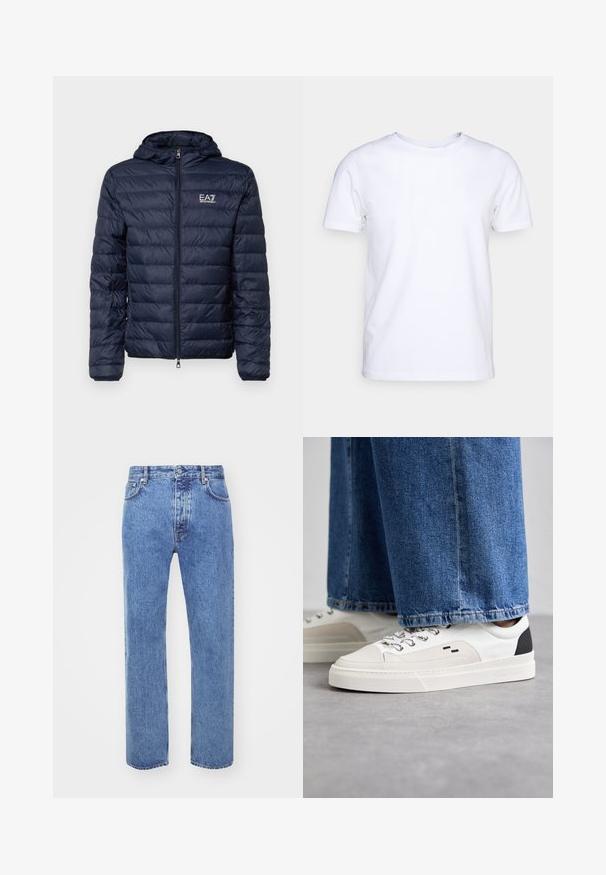 Navy puffer jacket with hood, featuring horizontal quilted sections, front zipper, and EA7 branding on the left chest area.; White short-sleeve t-shirt in cotton fabric with a round neckline. Simple design with no patterns or accents. Smooth texture.; Won Hundred STEVE - Relaxed fit jeans - cut blue; White and black sneakers with a smooth leather upper, textured accents, and a chunky white sole. Features a classic lace-up design.