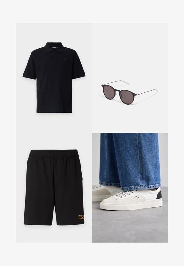 Námořnická pufovaná bunda s kapucí, s horizontálně prošívanými částmi, předním zipem a EA7 logem na levé části hrudi.; J.LINDEBERG TROND - Polotričko - black; Černé sportovní šortky vyrobené z měkké látky, s elastickým pasem a malým žlutým logem EA7 na dolní části levé nohy.; Bílé a černé tenisky s hladkým koženým svrškem, texturovanými akcenty a robustní bílou podešví. Mají klasický design se šněrováním.; Černé kulaté sluneční brýle s tmavými skly a tenkými kovovými nohami. Obsahují průhledné koncovky nožiček a stříbrné akcenty na pantu. Minimalistický design.