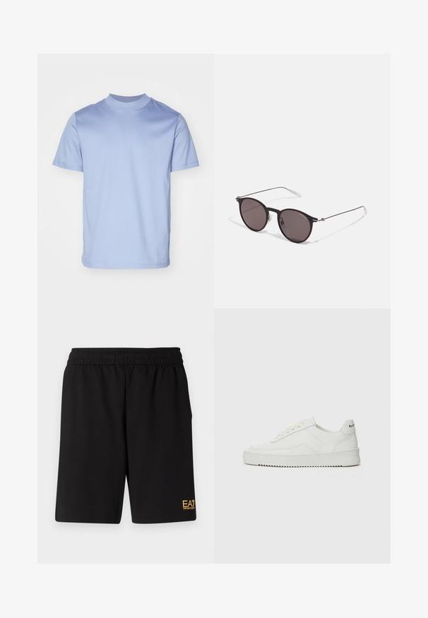 Tumši zila pūkainā jaka ar kapuci, kurai ir horizontāli qultēti segmenti, priekšējais rāvējslēdzis un EA7 zīmols kreisajā krūtī.; Gaiši zila īsām piedurknēm T-kreklu ar augstu apaļu kakla izgriezumu, izgatavots no mīksta kokvilnas auduma. Ievērojama ar tīru, vienkāršu dizainu bez redzamām logo.; Melnas sporta šortus, kas izgatavoti no mīksta auduma, ar elastīgu jostu un mazu dzeltenu EA7 logo zem kreisā kājas stūra.; Baltas ādas sneakers ar gludu virsmu, apaļu pirkstu daļu, plakaniem šņorēm un teksturētu zoli. Satur diskrētu logotipu uz papēža.; Melni apaļi saulesbrilles ar tumšiem lēca un plānām metāla stangām. Iekļautas caurspīdīgas tempļu galviņas un sudraba akcenti pie eņģes. Minimalistisks dizains.